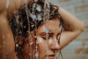 Femme Lavant Ses Cheveux Sous La Douche avec Des Gouttes d'Eau