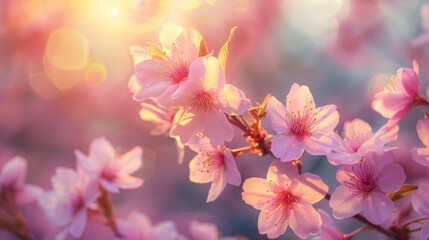 Obraz premium Delicate pink blossoms bathed in warm sunlight creating a soft ethereal glow