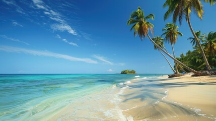Fototapeta premium Coconut palms on a pristine beach with crystal-clear water and blue sky.