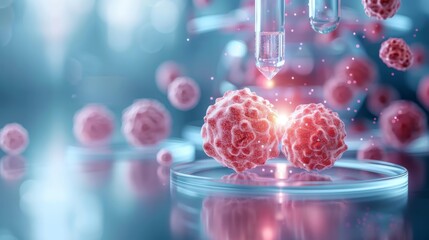 Close-up of cancer cells under a microscope in a lab setting, showcasing medical research and scientific advancements in oncology treatment.