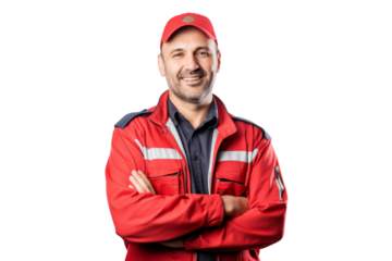 Middle-aged truck driver in uniform smiling and crossing arms Isolated on white background