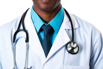 Medical professional in scrubs using a stethoscope, isolated on white background