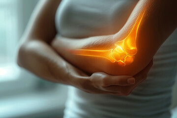 A woman holding her elbow due to bones pain. The pain is her elbow's bones is represented in orange.