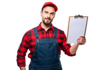 Mechanic with clipboard reviewing maintenance checklist beside car Isolated on white background