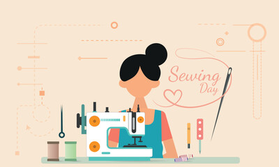 Illustration of a woman with a bun hairstyle behind a sewing machine, celebrating Sewing Day. The design includes sewing tools like thread spools, a needle, and a thread cutter, with decorative stitch