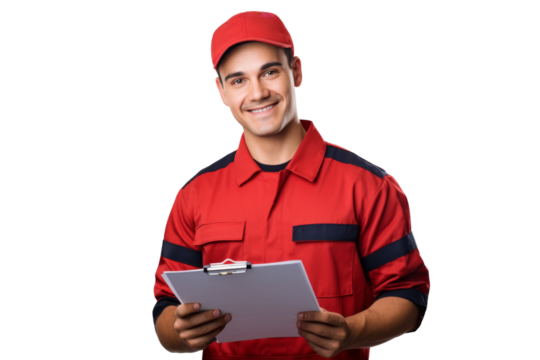 Mechanic with clipboard reviewing maintenance checklist beside car Isolated on white background