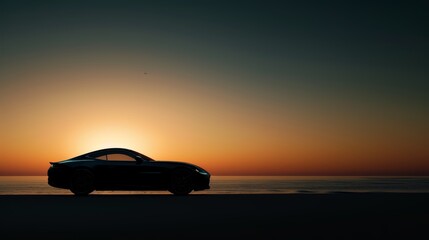 Silhouette of a sleek car parked by the seaside at sunset, creating a serene and elegant atmosphere.