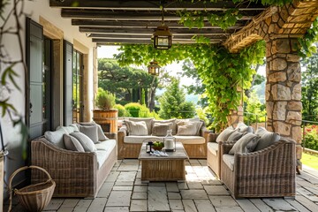 Fototapeta premium A patio with a stone wall and a wooden fence. The patio has a lot of furniture, including a couch, a coffee table, and a few chairs. There are also potted plants and a basket on the patio