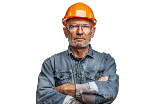 Mature male engineer with crossed arms, wearing glasses and a safety helmet, isolated on white background