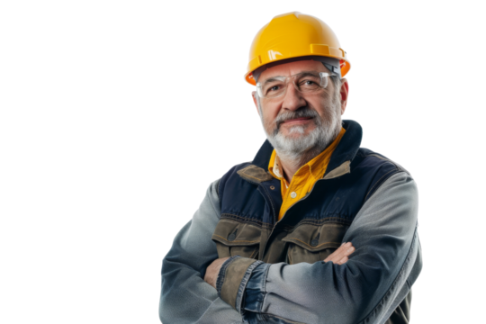 Mature male engineer with crossed arms, wearing glasses and a safety helmet, isolated on white background