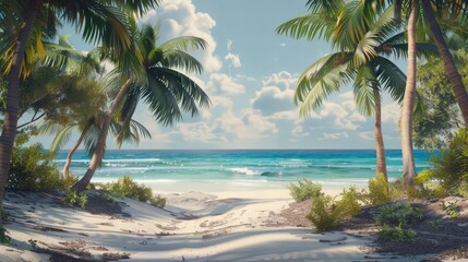 Obraz premium Serene beach scene with coconut palms, white sand, and calm sea.