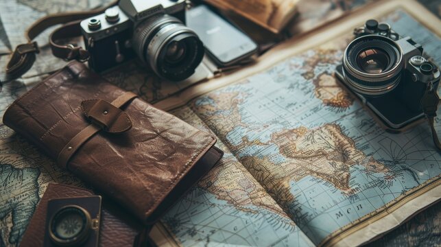 Wanderlust Essentials Passport Camera Map A Vibrant Flat Lay for Travel Enthusiasts
