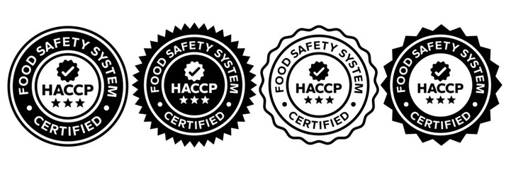 HACCP Hazard Analysis Critical Control Points, Food Safety system, logo, badge, icon, sticker, label, emblem, stamp, symbol, green, golden, flat vector, isolated illustration. HACCP Certified.
