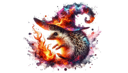 Fiery Hedgehog Wizard with Magical Hat and Flames - A whimsical hedgehog wearing a flaming hat, surrounded by vibrant magical flames and colorful abstract background. This image symbolizes magic