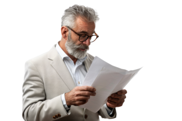Mature businessman examining document, isolated on white background