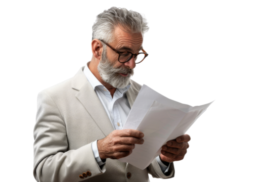 Mature businessman examining document, isolated on white background - Powered by Adobe