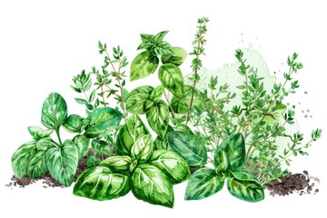Beautiful watercolor illustration of fresh green herbs. Perfect for gardening, culinary arts, and nature-themed designs.