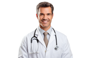 Male doctor wearing lab coat, looking at camera, isolated on white background