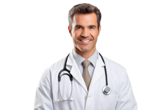 Male doctor wearing lab coat, looking at camera, isolated on white background