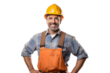 Male construction worker with safety helmet and tool belt smiling Isolated on white background