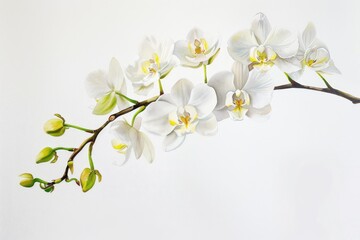 Obraz premium Elegant white orchid flowers on a branch with fresh green buds, isolated on a clean white background.