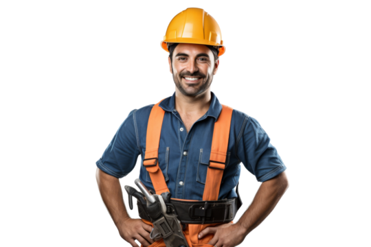 Male construction worker with safety helmet and tool belt smiling Isolated on white background