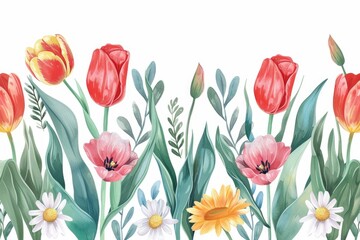 Obraz premium Watercolor botanical frame with a mix of tulips and daisies in bright colors surrounded by gentle leaf patterns
