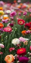 Fototapeta premium Colorful Blooming Ranunculus Flowers in a Field