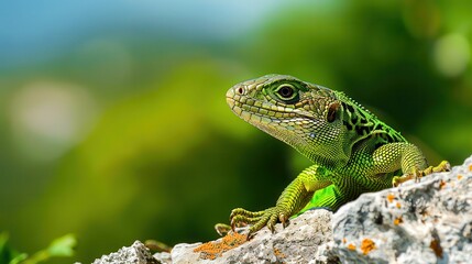 Fototapeta premium Green lizard on a rock from close. Macro photography