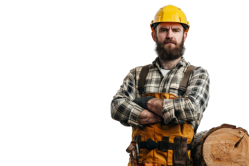 Lumberjack in protective gear isolated on white background