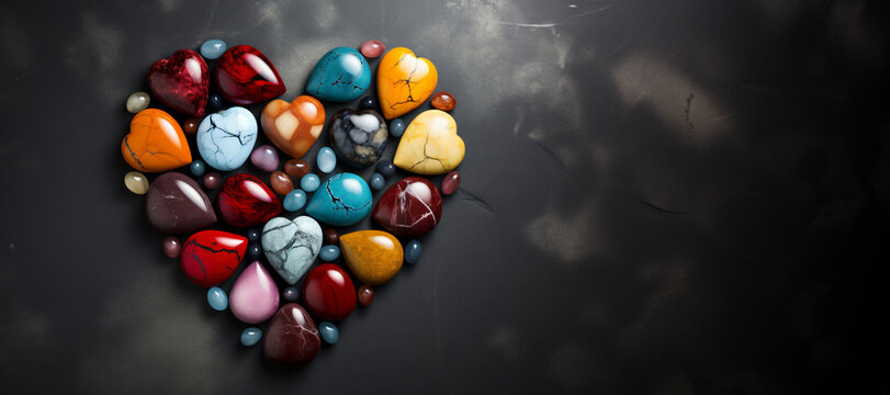 Heart made of semi-precious stones on a black marble background. Design template for cards and congratulations for Valentine's Day, holidays with place for text