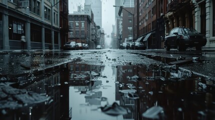 Fototapeta premium A melancholy image of a deserted city street in the rain