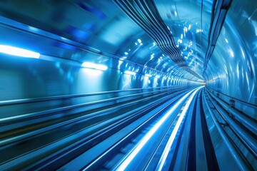 Obraz premium Abstract futuristic perspective view of a high-speed subway tunnel with blue highlights and motion blur, conveying speed and technology.