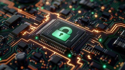 Close-up of a computer chip with an unlocked padlock icon, representing cybersecurity and data protection concepts.