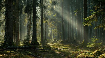 Obraz premium Sunbeams Through Tall Trees in a Misty Forest
