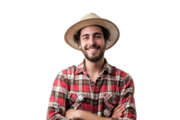 Joyful young farmer wearing hat and plaid shirt Isolated on white background