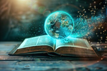Enchanted book with glowing Earth and magical particles representing knowledge, imagination, and fantasy on wooden table.
