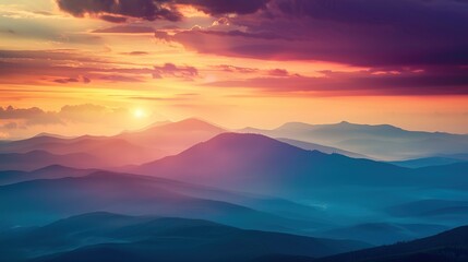 Colorful Sunset Over Mountain Range With Hazy Atmosphere