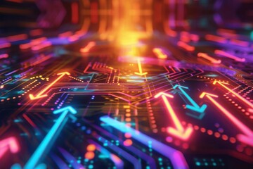Fototapeta premium Vibrant abstract digital circuit with glowing arrows, symbolizing technology, innovation, and data flow in a futuristic setting.