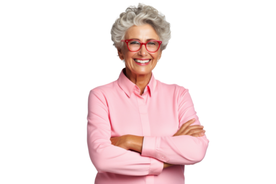 Joyful senior woman with folded hands Isolated on white background