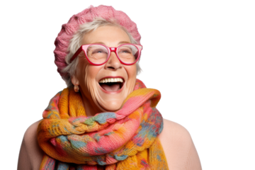 Joyful senior woman wearing glasses and scarf Isolated on white background