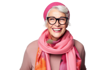 Joyful senior woman wearing glasses and scarf Isolated on white background