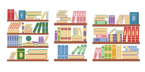 Set of shelves with stacks of books in cartoon style. Vector illustration of books in colored wrappers with different designs, in horizontal and vertical positions, globe isolated on white background.