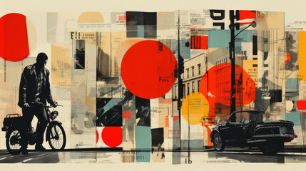Collage style, magazine cut out, motorbike on the streets of London, design poster, lino print, abstract modern minimalism, mid century modern,