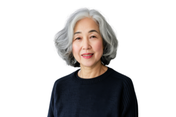 Joyful senior Asian woman with grey hair, looking straight at camera, isolated on white background