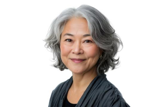 Joyful senior Asian woman with grey hair, looking straight at camera, isolated on white background