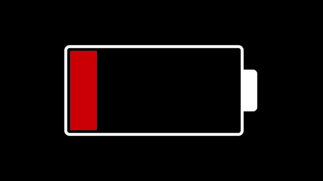 Low battery power indicator animation on black screen. Empty battery allert animation.