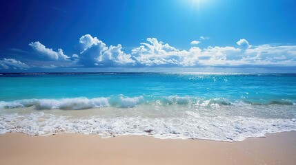 Obraz premium Tranquil Beach Scene With Clear Blue Sky and Gentle Waves