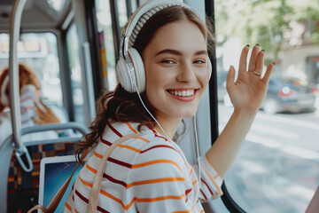 Smiling Woman Waving From Bus Window While Wearing Headphones