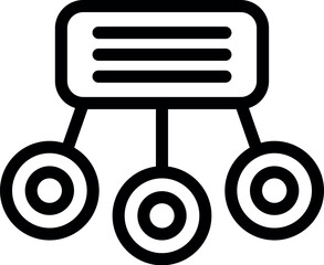 Black and white icon of a server connecting to three devices with cables, representing a network